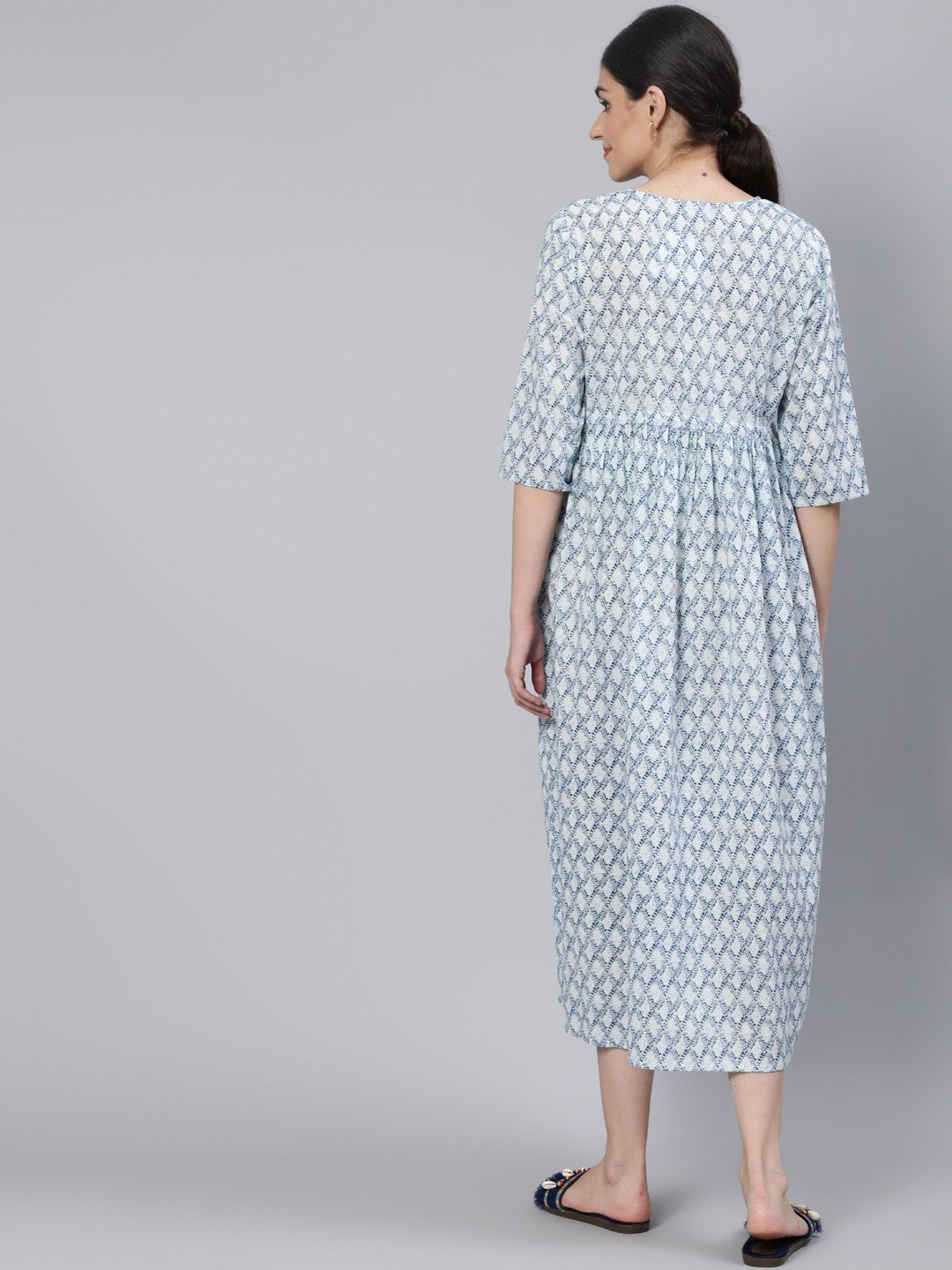 Women Off White & Blue Floral Printed Maternity Dress With Three Quarter Sleeves | LASVINI - Redefining Indian Fashion with Elegance