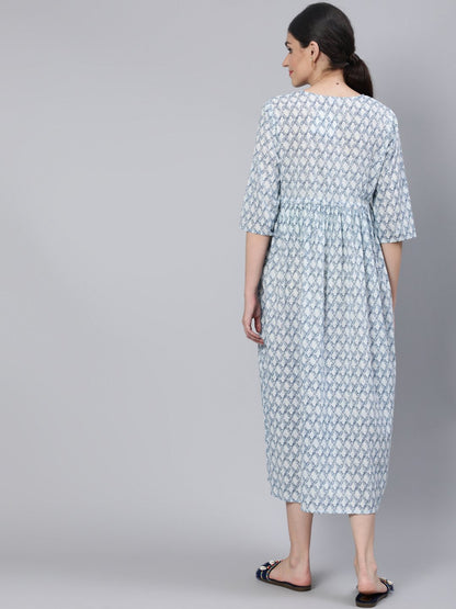 Women Off White & Blue Floral Printed Maternity Dress With Three Quarter Sleeves | LASVINI - Redefining Indian Fashion with Elegance