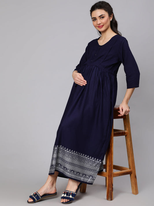 Women Navy Blue Maternity Dress With Three Quater Sleeves | LASVINI - Redefining Indian Fashion with Elegance