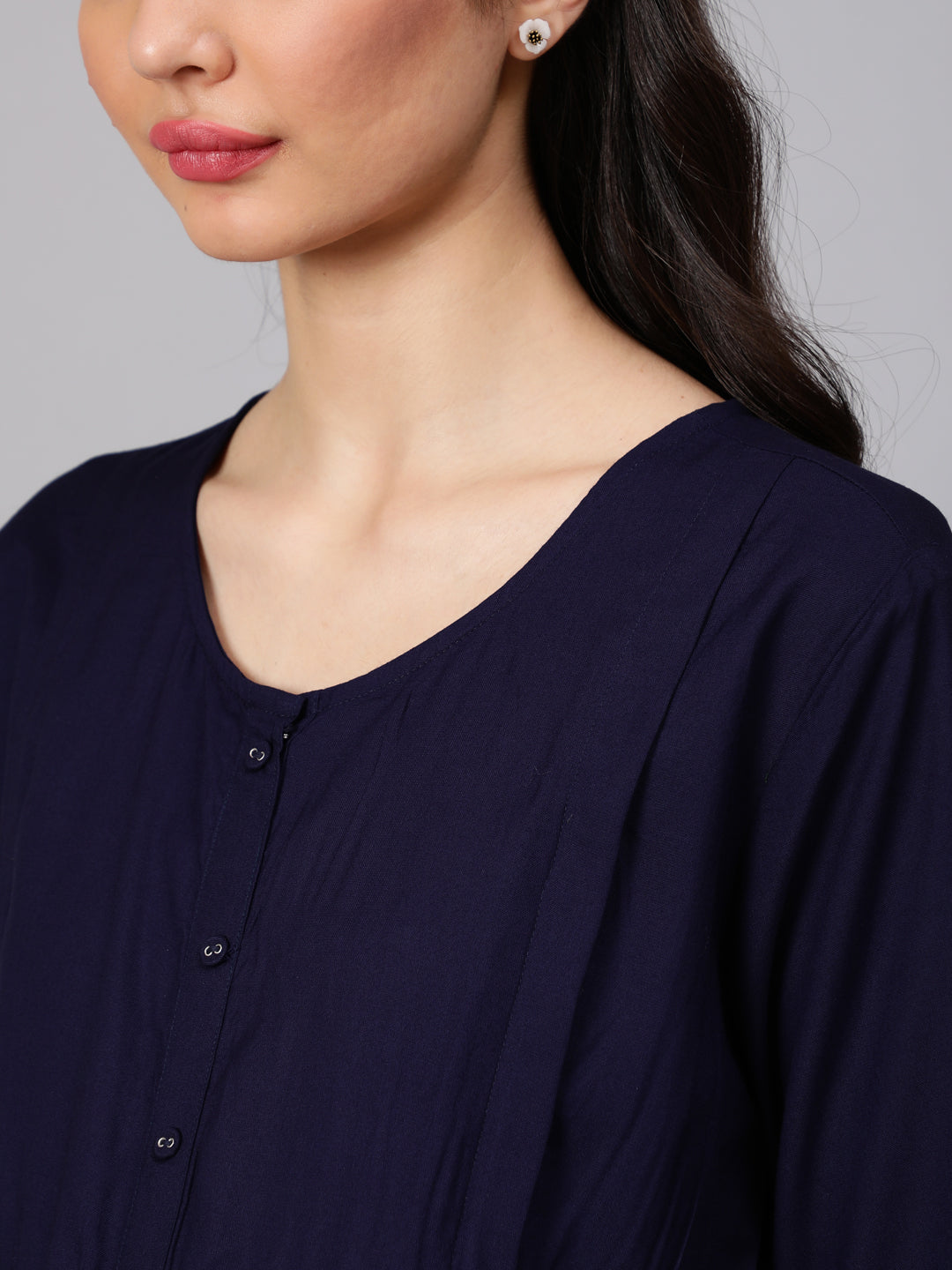 Women Navy Blue Maternity Dress With Three Quater Sleeves | LASVINI - Redefining Indian Fashion with Elegance