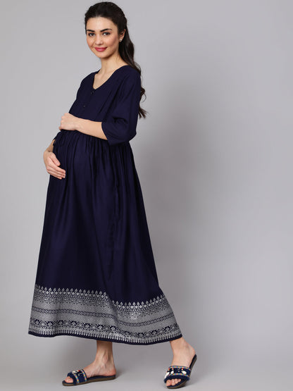 Women Navy Blue Maternity Dress With Three Quater Sleeves | LASVINI - Redefining Indian Fashion with Elegance