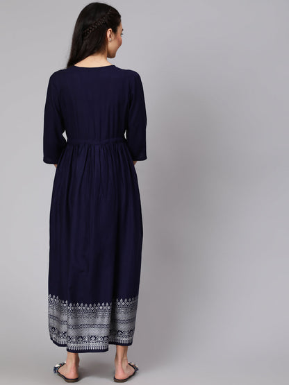 Women Navy Blue Maternity Dress With Three Quater Sleeves | LASVINI - Redefining Indian Fashion with Elegance