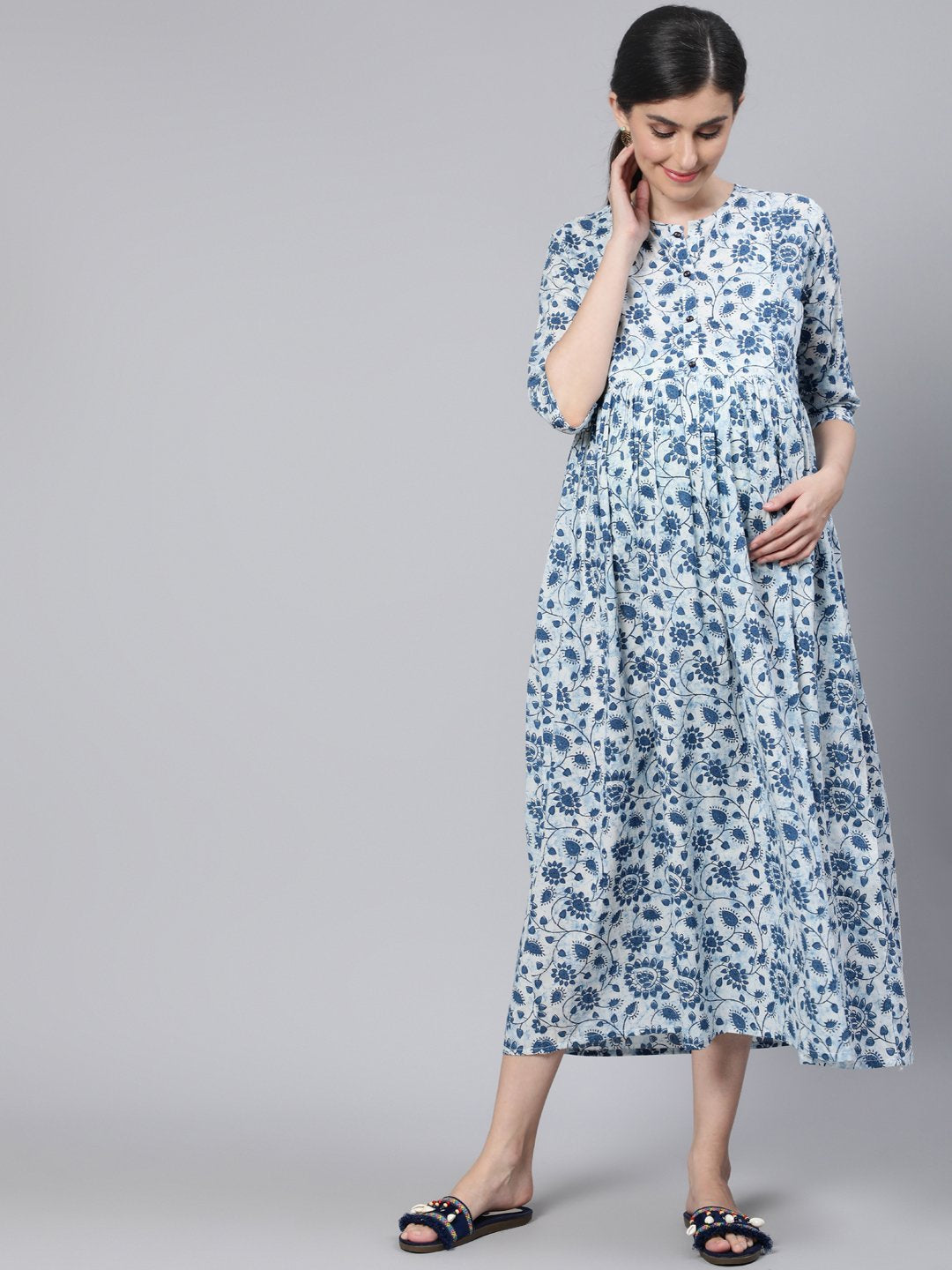 Women Off White & Blue Floral Printed Maternity Dress With Three Quarter Sleeves | LASVINI - Redefining Indian Fashion with Elegance