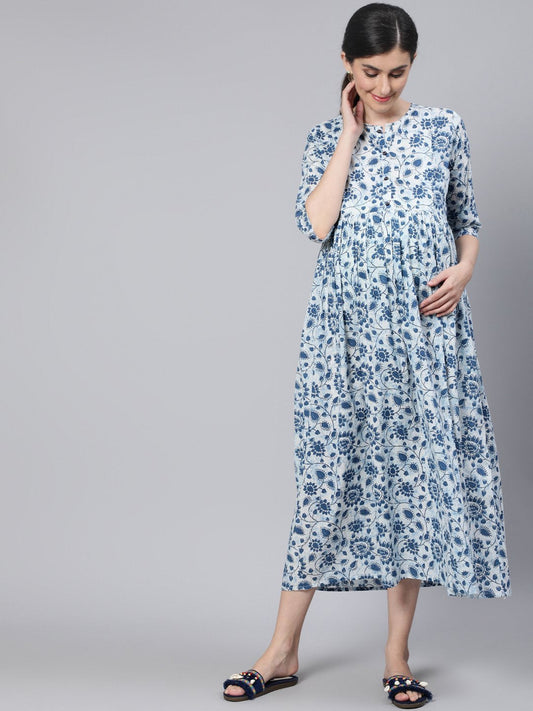 Women Off White & Blue Floral Printed Maternity Dress With Three Quarter Sleeves | LASVINI - Redefining Indian Fashion with Elegance