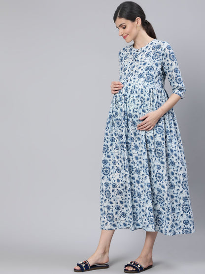 Women Off White & Blue Floral Printed Maternity Dress With Three Quarter Sleeves | LASVINI - Redefining Indian Fashion with Elegance