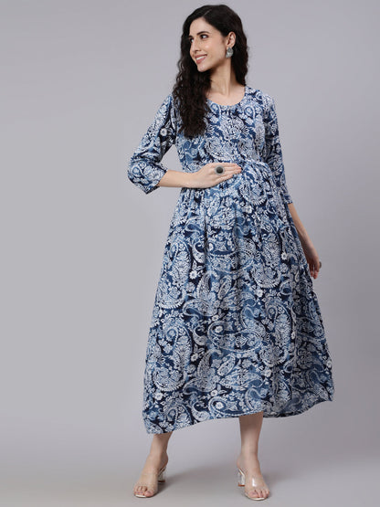 Women Blue Ethnic Mothif Printed Maternity Dress | LASVINI - Redefining Indian Fashion with Elegance