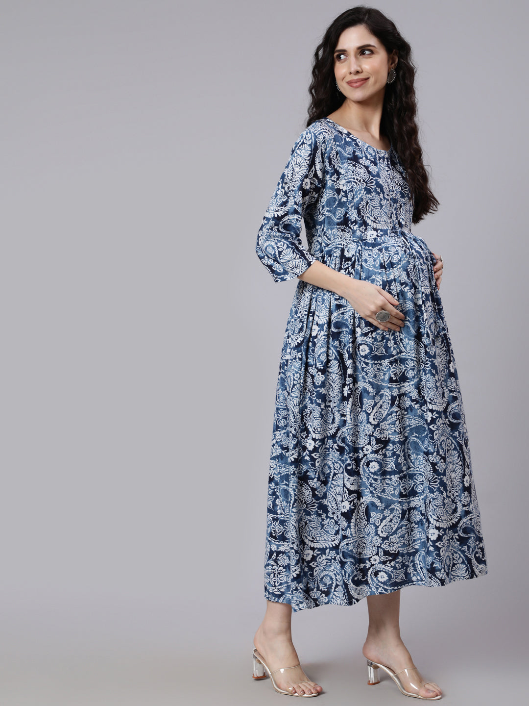Women Blue Ethnic Mothif Printed Maternity Dress | LASVINI - Redefining Indian Fashion with Elegance