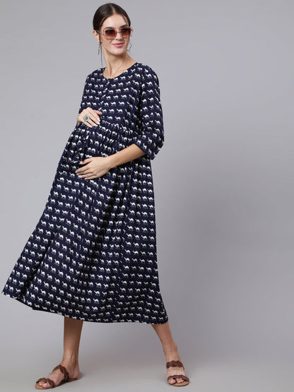 Women Navy Blue Ethinc Printed Flared Maternity Dress | LASVINI - Redefining Indian Fashion with Elegance