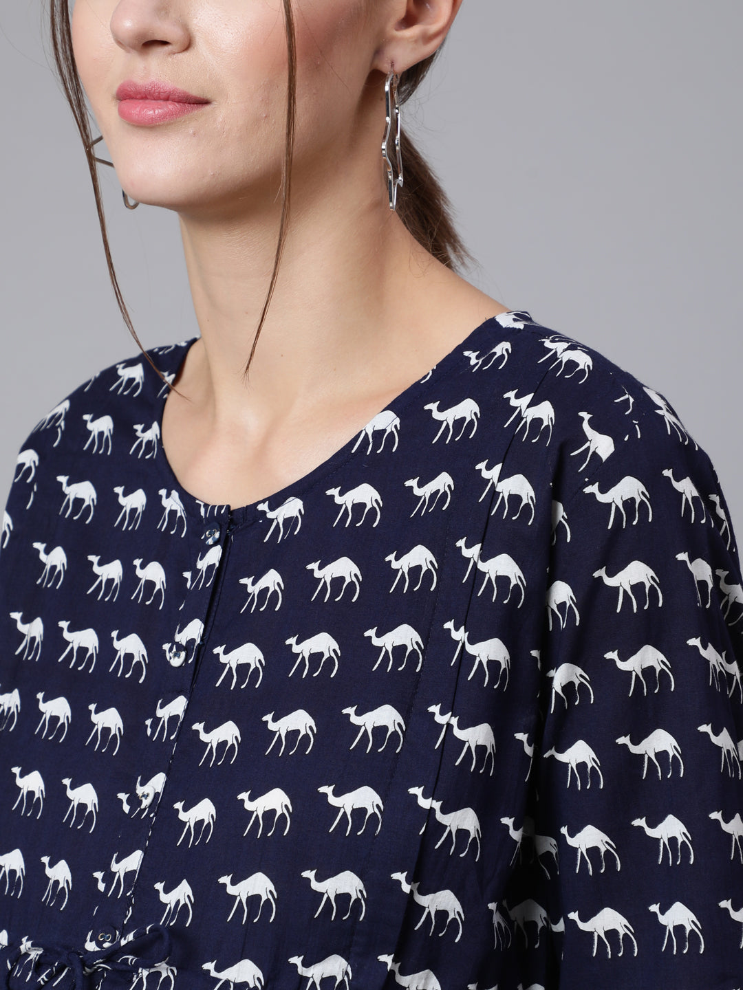 Women Navy Blue Ethinc Printed Flared Maternity Dress | LASVINI - Redefining Indian Fashion with Elegance