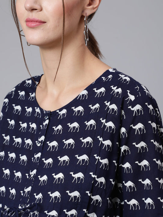 Women Navy Blue Ethinc Printed Flared Maternity Dress | LASVINI - Redefining Indian Fashion with Elegance