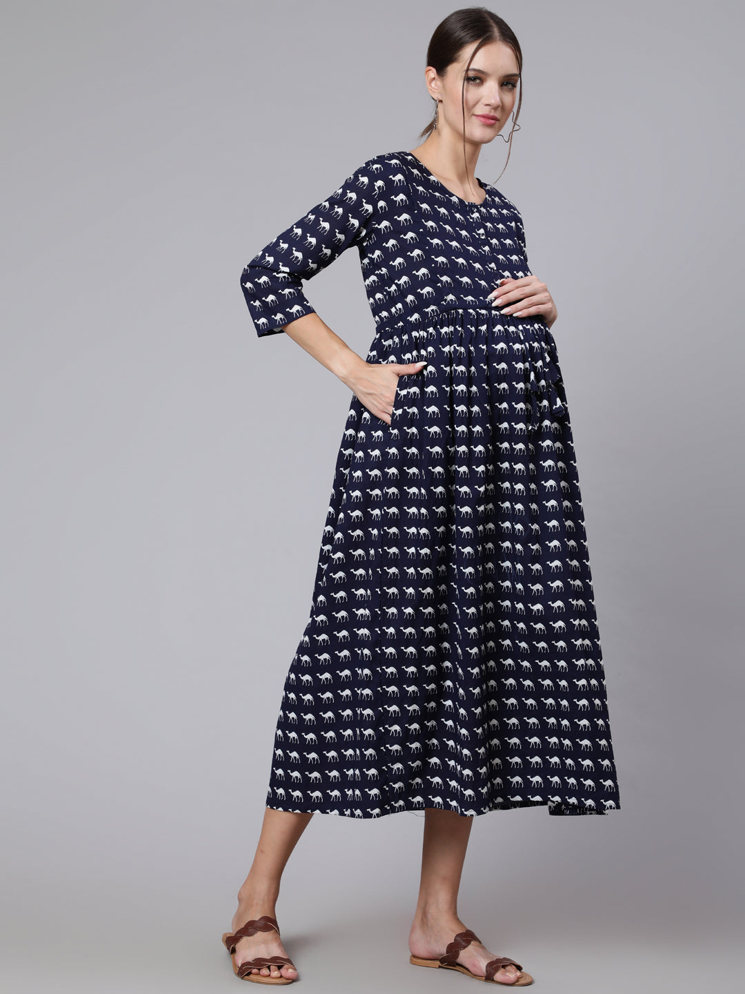 Women Navy Blue Ethinc Printed Flared Maternity Dress | LASVINI - Redefining Indian Fashion with Elegance