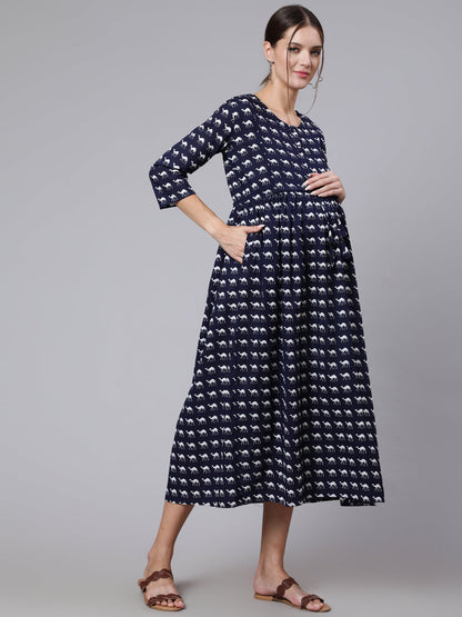 Women Navy Blue Ethinc Printed Flared Maternity Dress | LASVINI - Redefining Indian Fashion with Elegance