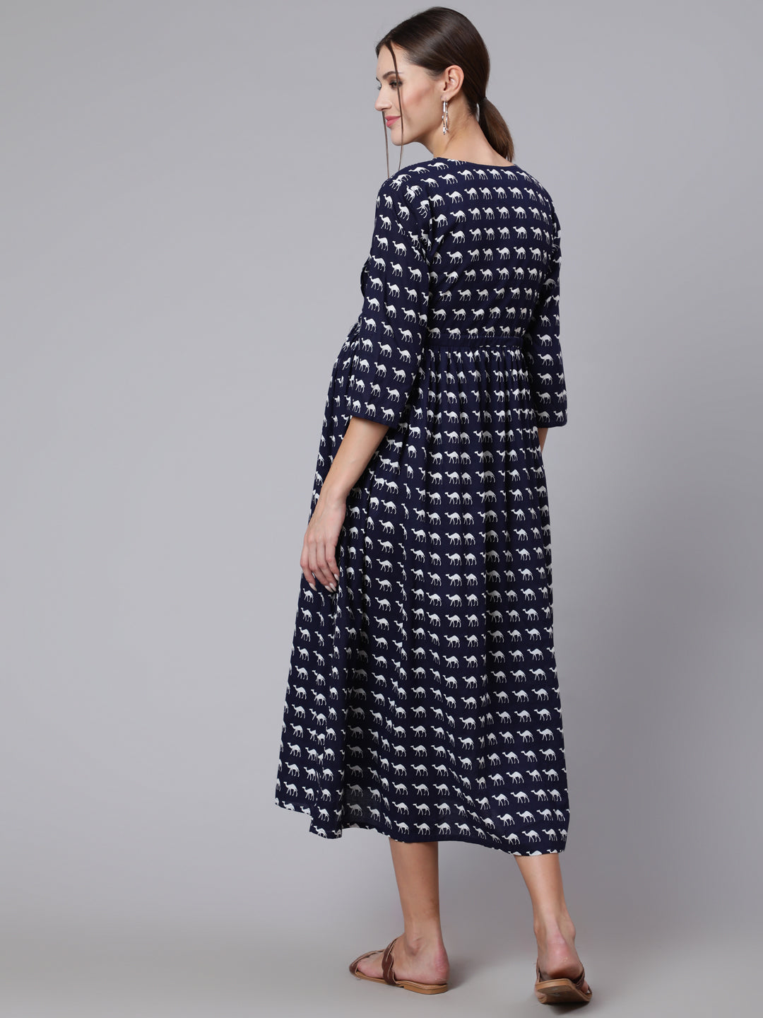 Women Navy Blue Ethinc Printed Flared Maternity Dress | LASVINI - Redefining Indian Fashion with Elegance
