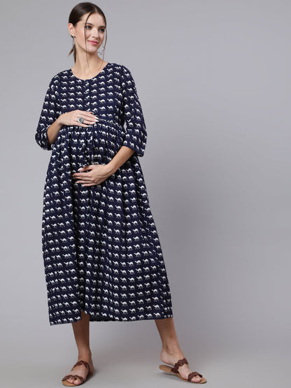 Women Navy Blue Ethinc Printed Flared Maternity Dress | LASVINI - Redefining Indian Fashion with Elegance
