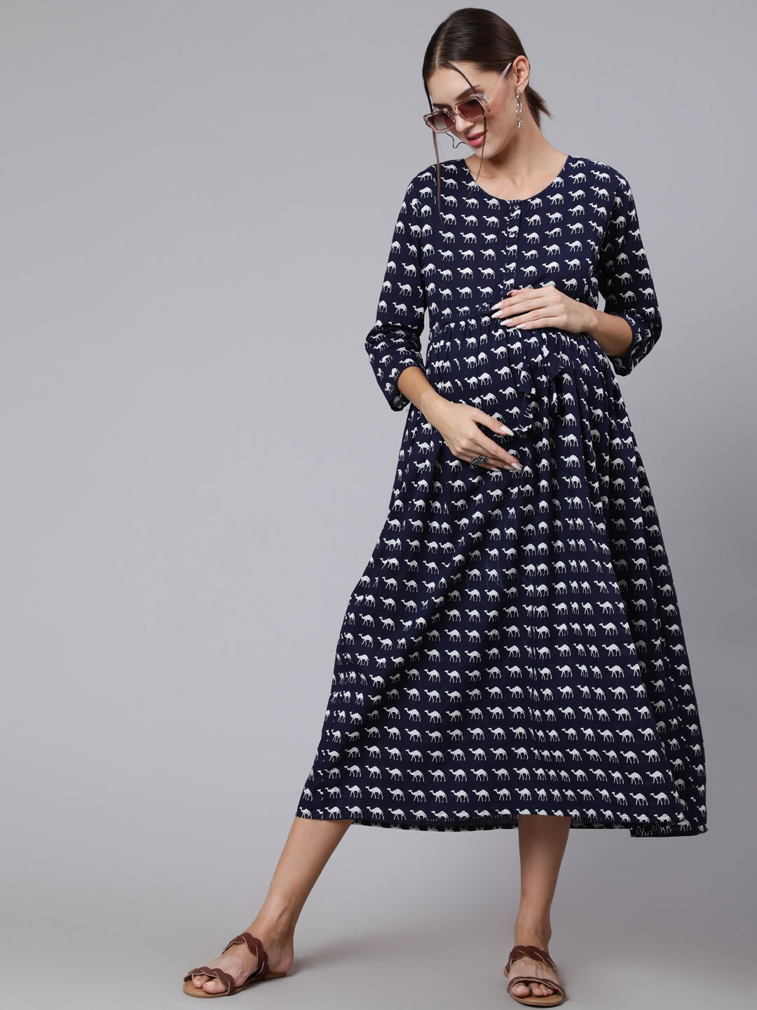Women Navy Blue Ethinc Printed Flared Maternity Dress | LASVINI - Redefining Indian Fashion with Elegance
