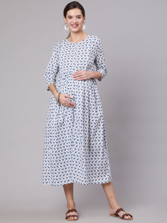 Women White And Blue Animal Printed Flared Maternity Dress | LASVINI - Redefining Indian Fashion with Elegance