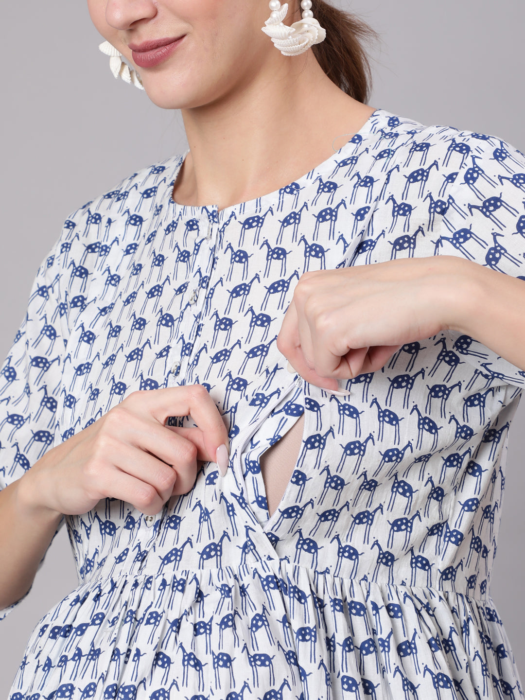 Women White And Blue Animal Printed Flared Maternity Dress | LASVINI - Redefining Indian Fashion with Elegance