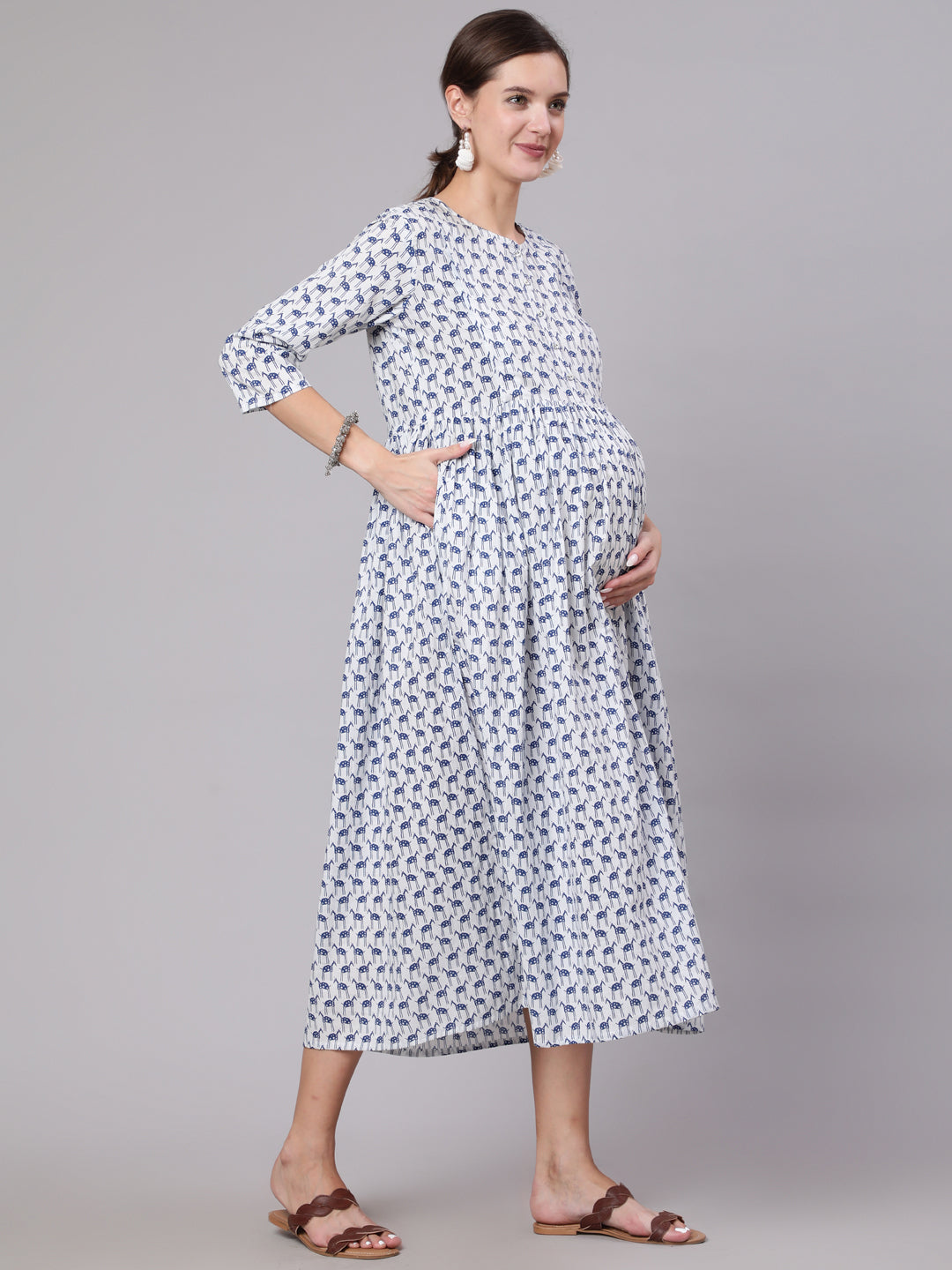 Women White And Blue Animal Printed Flared Maternity Dress | LASVINI - Redefining Indian Fashion with Elegance