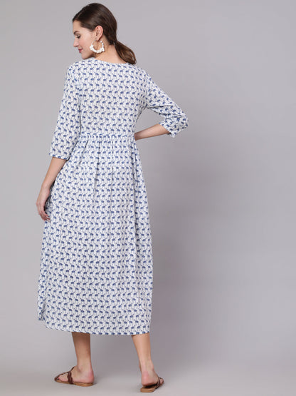 Women White And Blue Animal Printed Flared Maternity Dress | LASVINI - Redefining Indian Fashion with Elegance