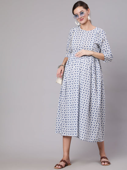 Women White And Blue Animal Printed Flared Maternity Dress | LASVINI - Redefining Indian Fashion with Elegance