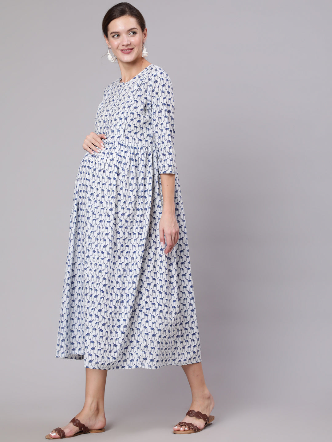 Women White And Blue Animal Printed Flared Maternity Dress | LASVINI - Redefining Indian Fashion with Elegance
