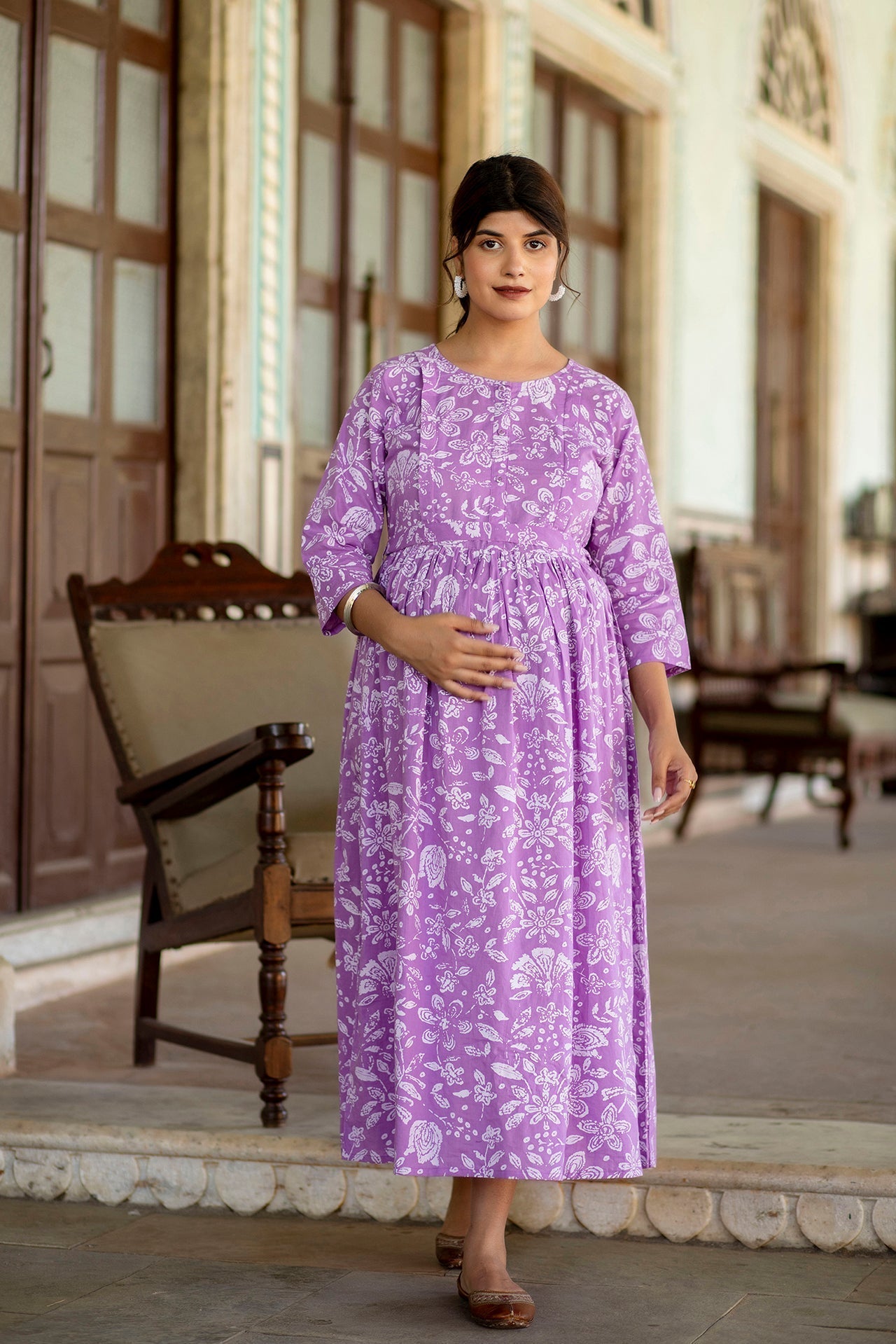 Women Levender Printed Flared Maternity Dress | LASVINI - Redefining Indian Fashion with Elegance
