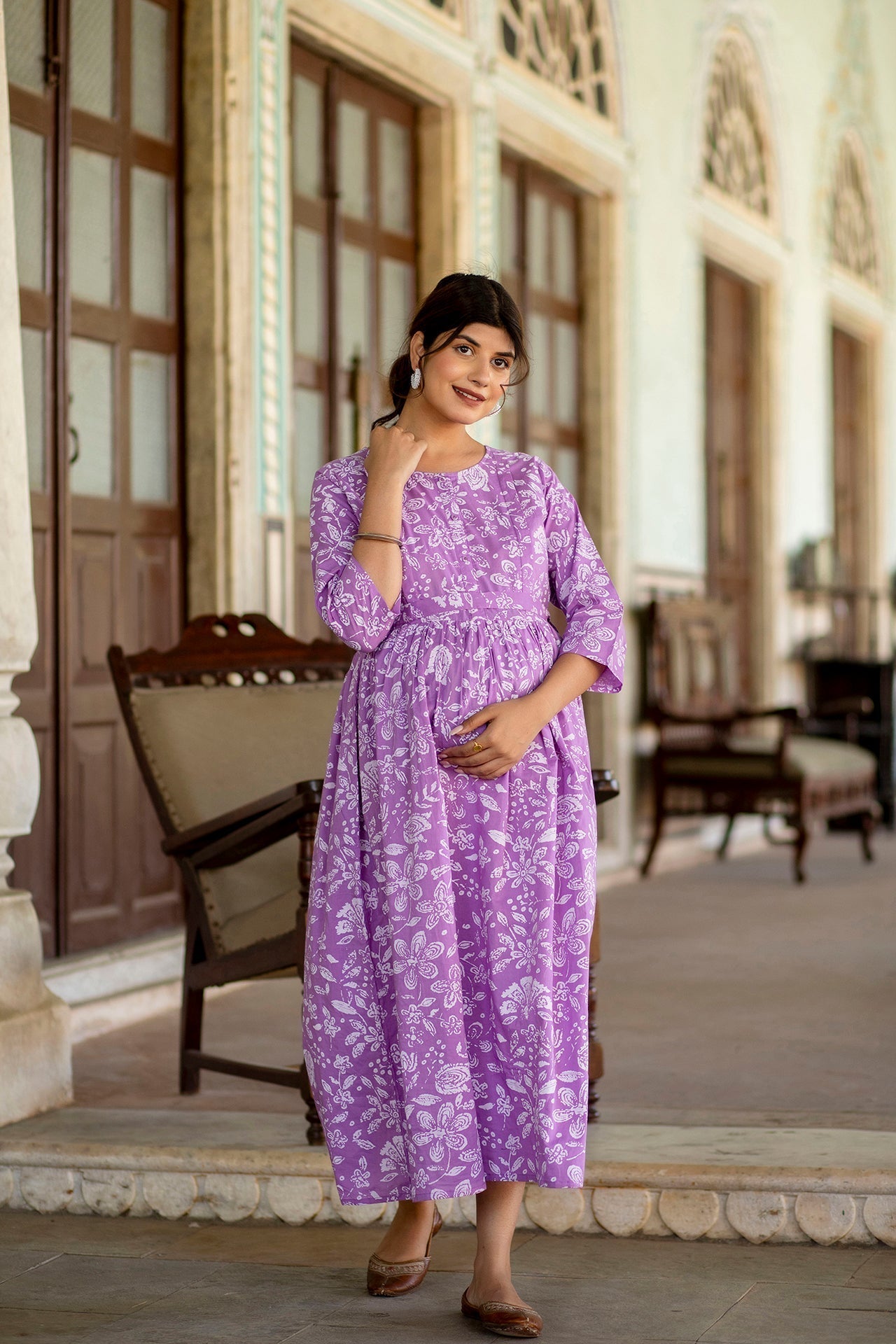 Women Levender Printed Flared Maternity Dress | LASVINI - Redefining Indian Fashion with Elegance