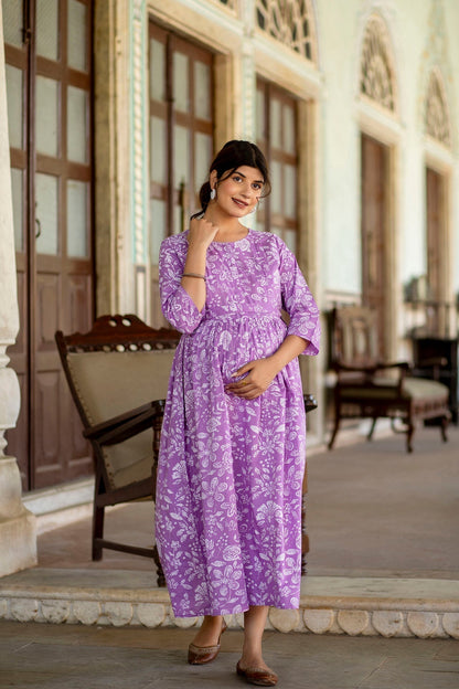 Women Levender Printed Flared Maternity Dress | LASVINI - Redefining Indian Fashion with Elegance