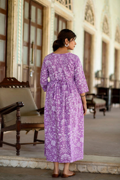 Women Levender Printed Flared Maternity Dress | LASVINI - Redefining Indian Fashion with Elegance