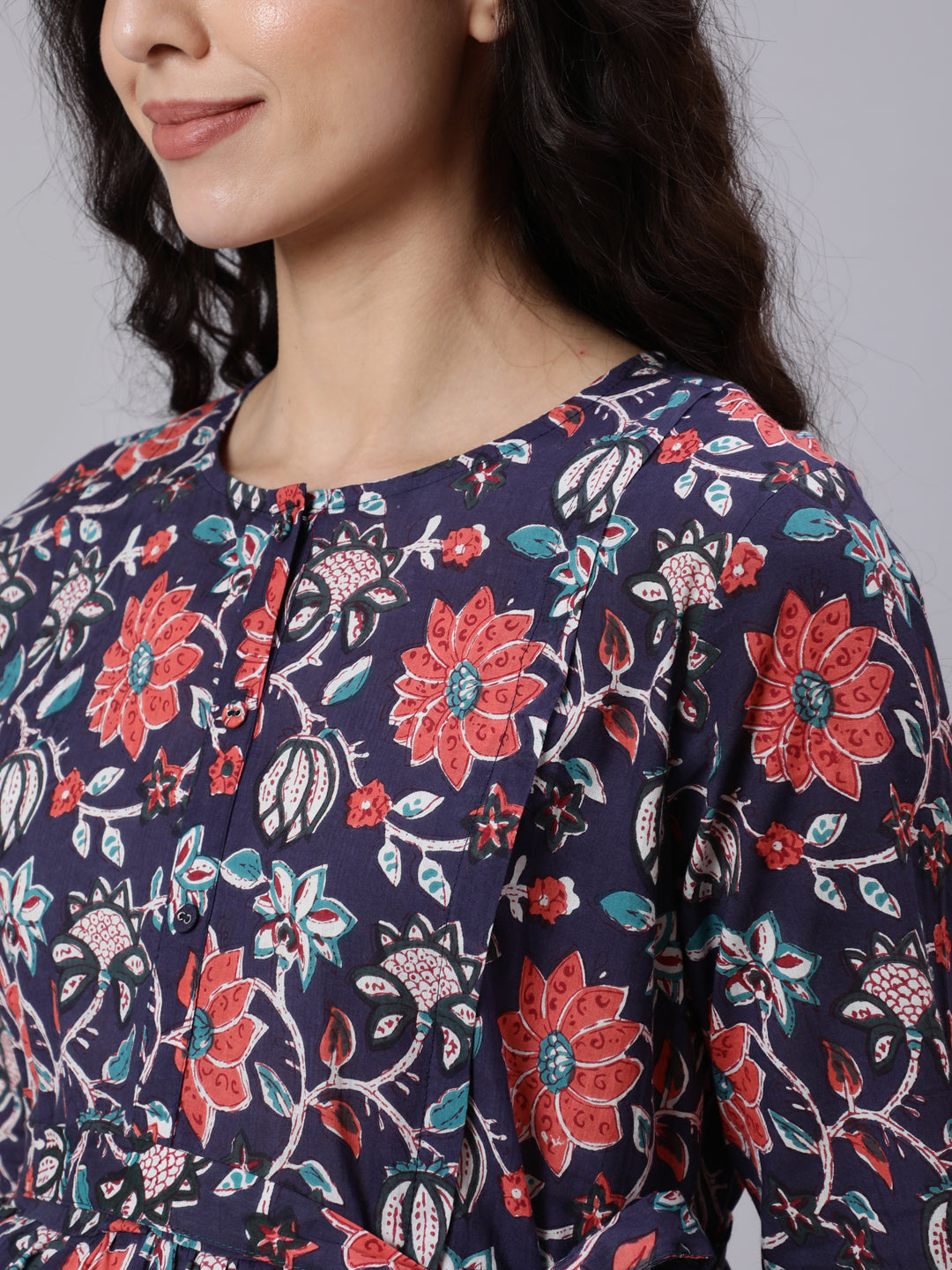 Women Blue Floral Printed Flared Maternity Dress | LASVINI - Redefining Indian Fashion with Elegance