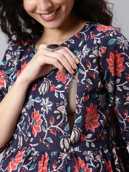 Women Blue Floral Printed Flared Maternity Dress | LASVINI - Redefining Indian Fashion with Elegance