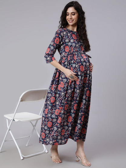 Women Blue Floral Printed Flared Maternity Dress | LASVINI - Redefining Indian Fashion with Elegance