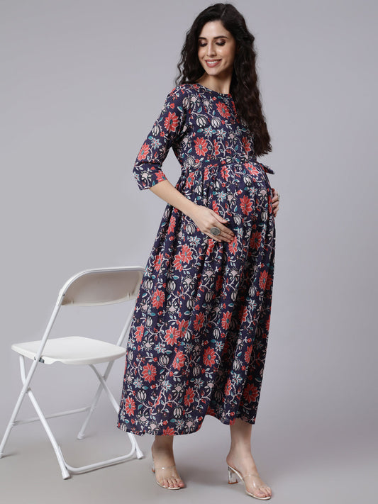 Women Blue Floral Printed Flared Maternity Dress | LASVINI - Redefining Indian Fashion with Elegance