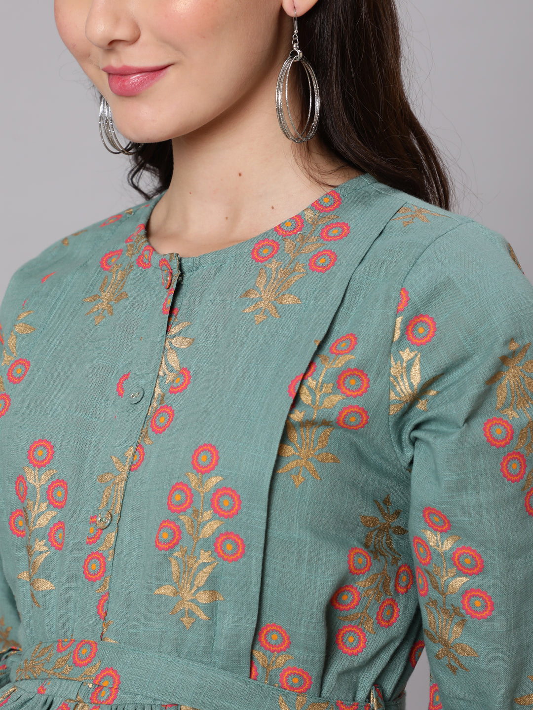 Women Green Ethnic Printed Flared Maternity Dress | LASVINI - Redefining Indian Fashion with Elegance