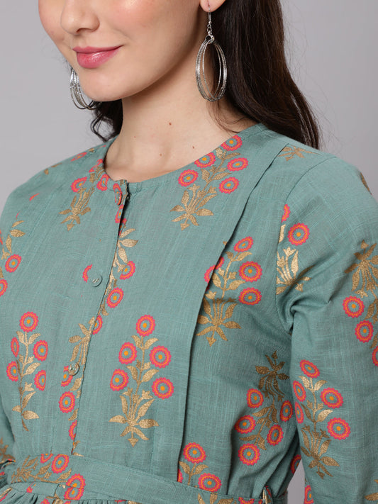 Women Green Ethnic Printed Flared Maternity Dress | LASVINI - Redefining Indian Fashion with Elegance