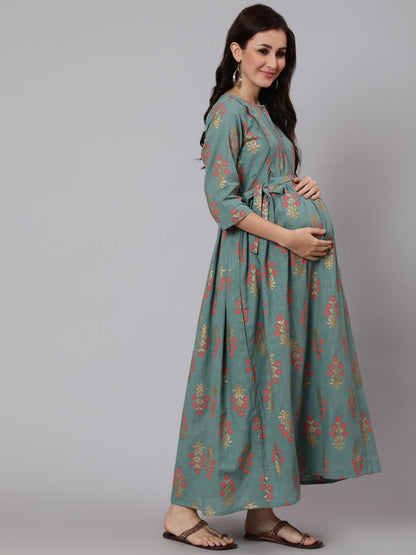 Women Green Ethnic Printed Flared Maternity Dress | LASVINI - Redefining Indian Fashion with Elegance