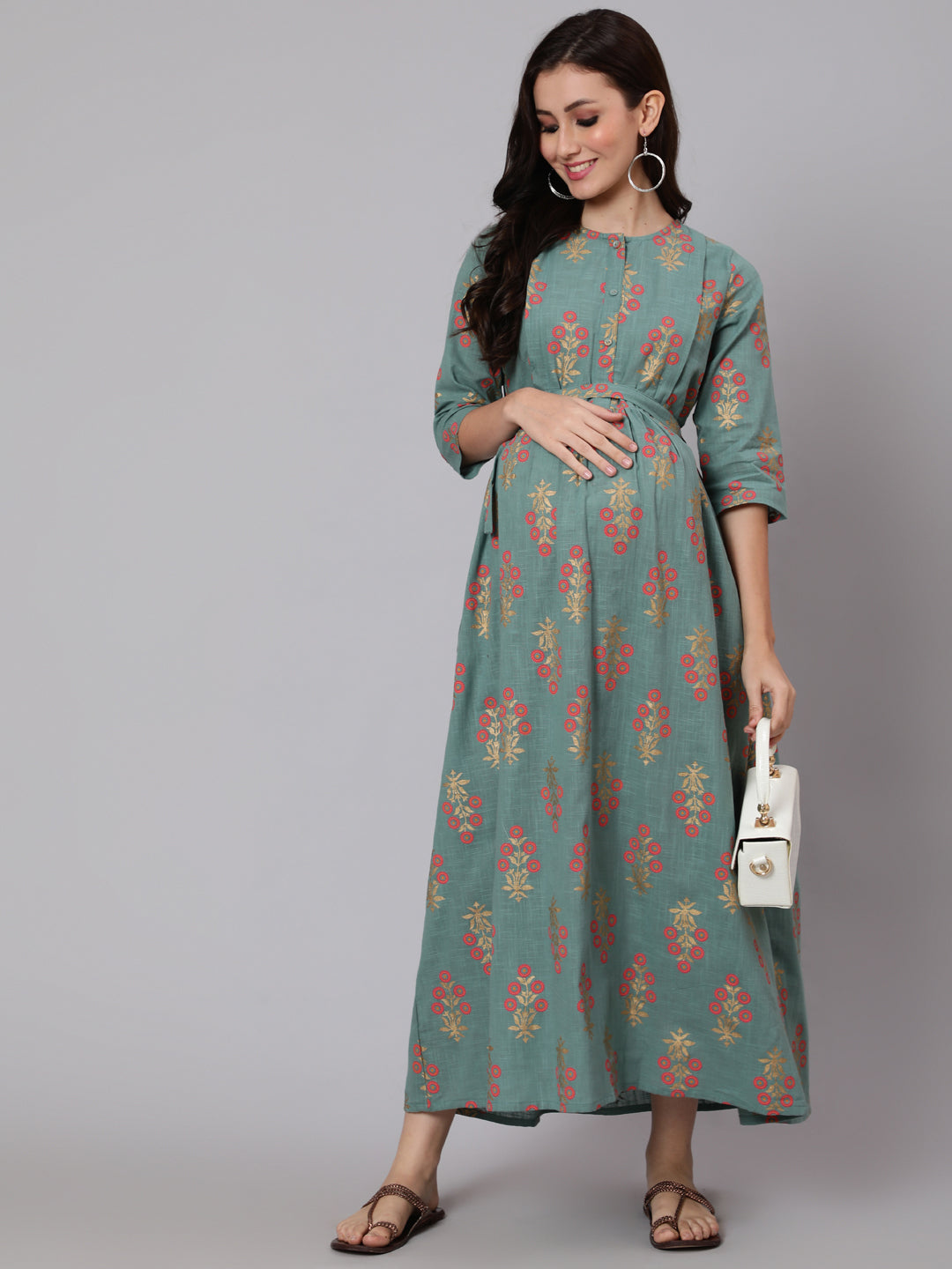 Women Green Ethnic Printed Flared Maternity Dress | LASVINI - Redefining Indian Fashion with Elegance