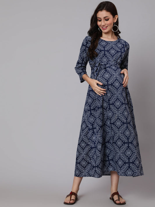 Women Navy Blue Ethnic Printed Maternity Dress | LASVINI - Redefining Indian Fashion with Elegance