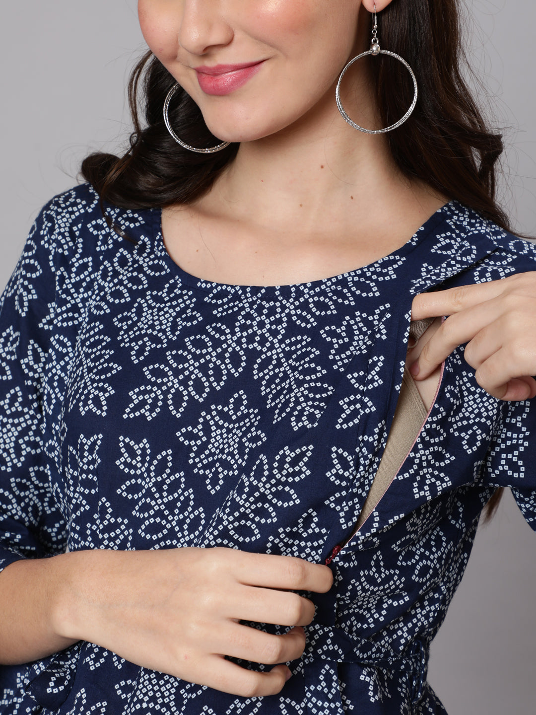 Women Navy Blue Ethnic Printed Maternity Dress | LASVINI - Redefining Indian Fashion with Elegance