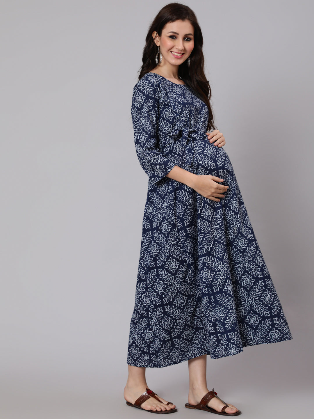 Women Navy Blue Ethnic Printed Maternity Dress | LASVINI - Redefining Indian Fashion with Elegance