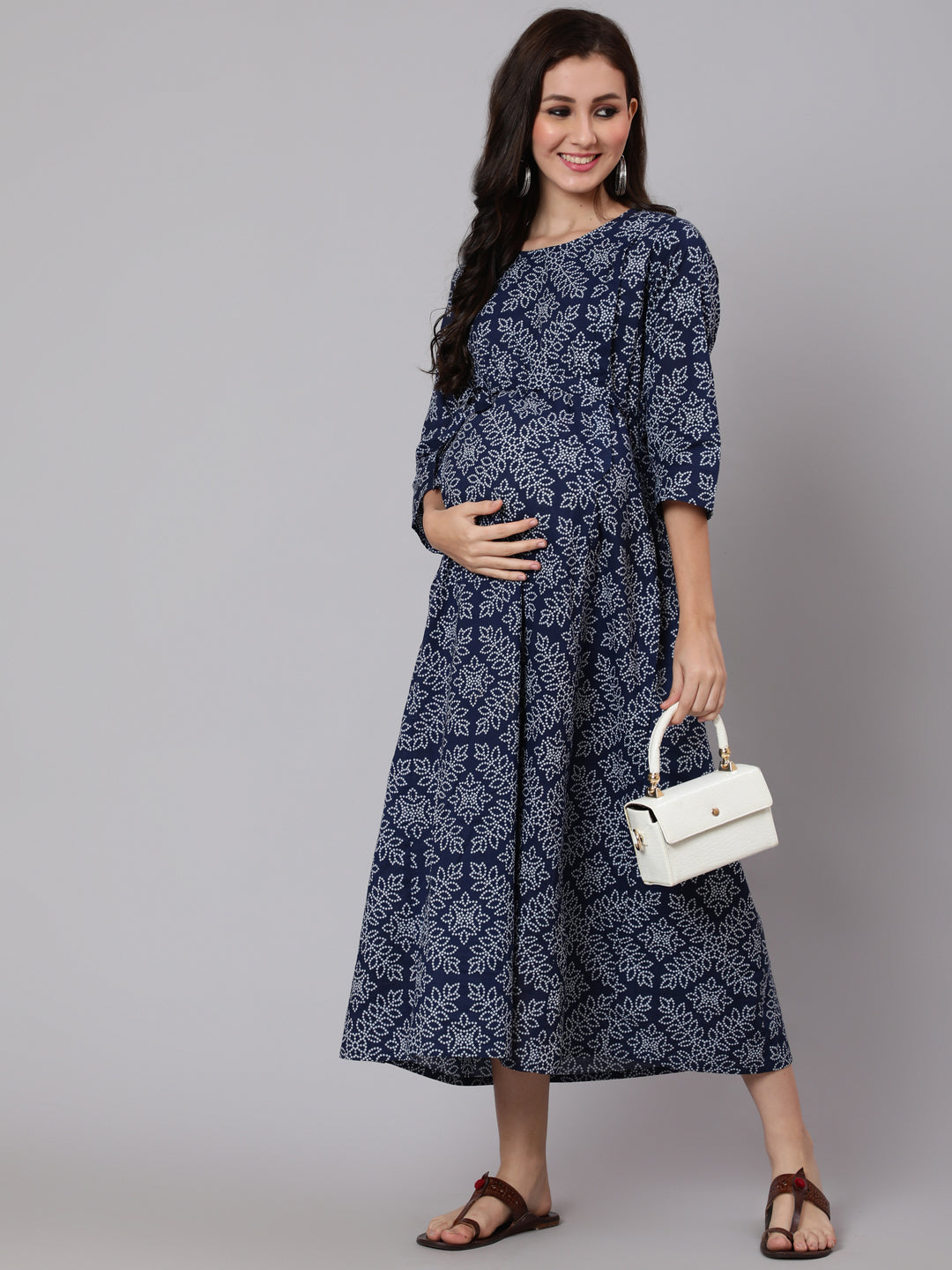 Women Navy Blue Ethnic Printed Maternity Dress | LASVINI - Redefining Indian Fashion with Elegance