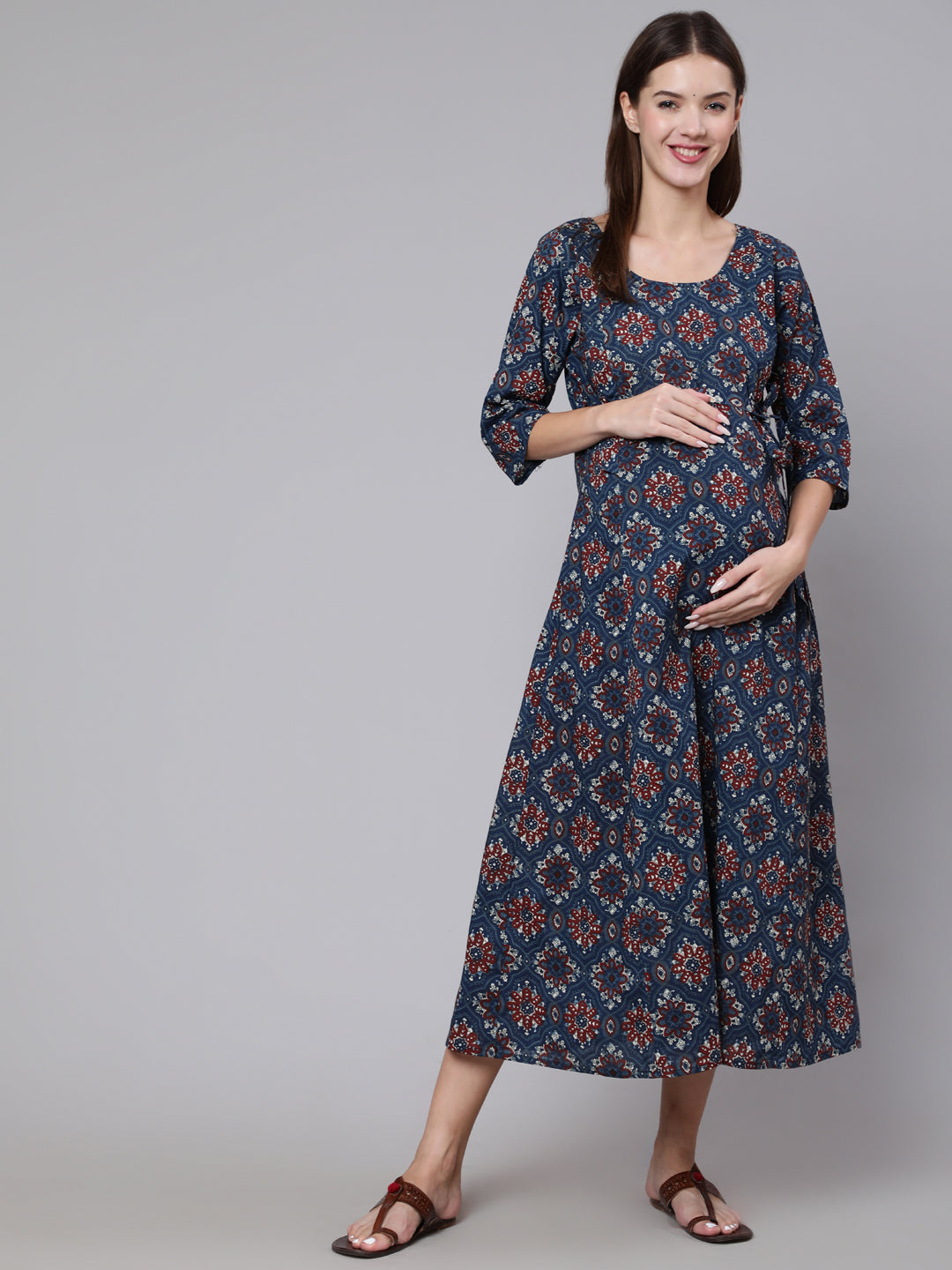 Women Navy Blue Ethinc Printed Flared Maternity Dress | LASVINI - Redefining Indian Fashion with Elegance