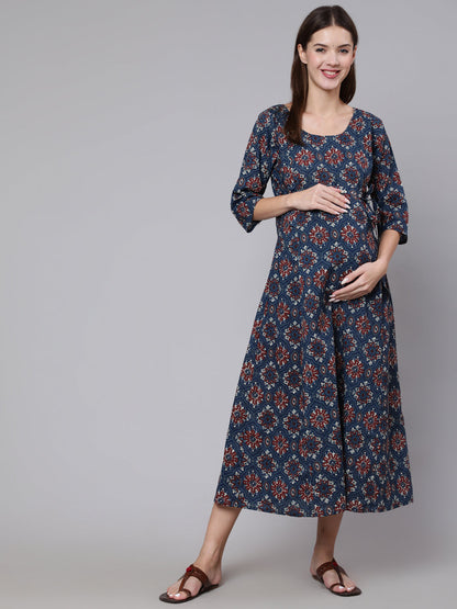 Women Navy Blue Ethinc Printed Flared Maternity Dress | LASVINI - Redefining Indian Fashion with Elegance