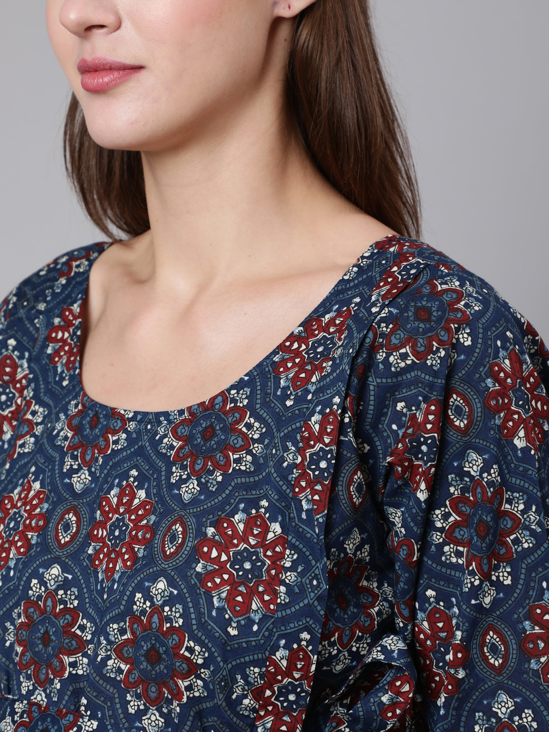 Women Navy Blue Ethinc Printed Flared Maternity Dress | LASVINI - Redefining Indian Fashion with Elegance