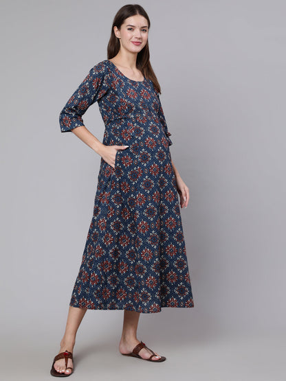 Women Navy Blue Ethinc Printed Flared Maternity Dress | LASVINI - Redefining Indian Fashion with Elegance