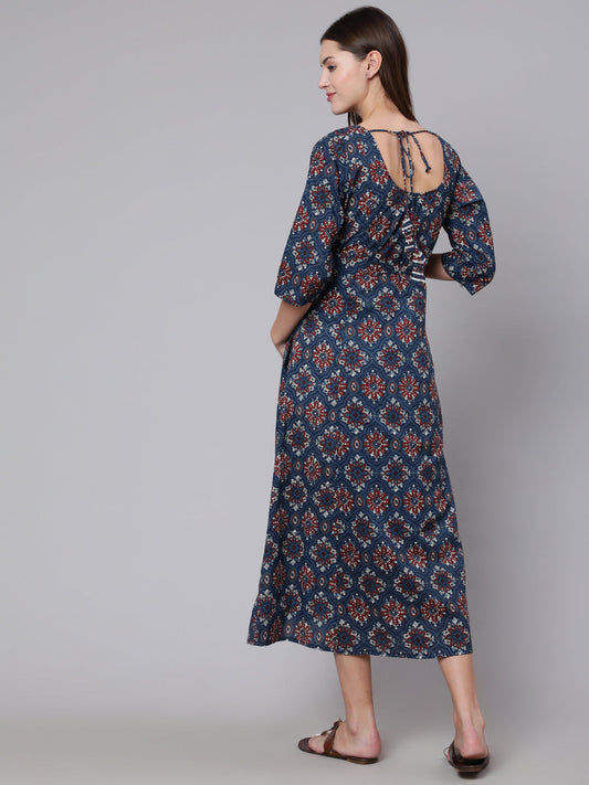 Women Navy Blue Ethinc Printed Flared Maternity Dress | LASVINI - Redefining Indian Fashion with Elegance