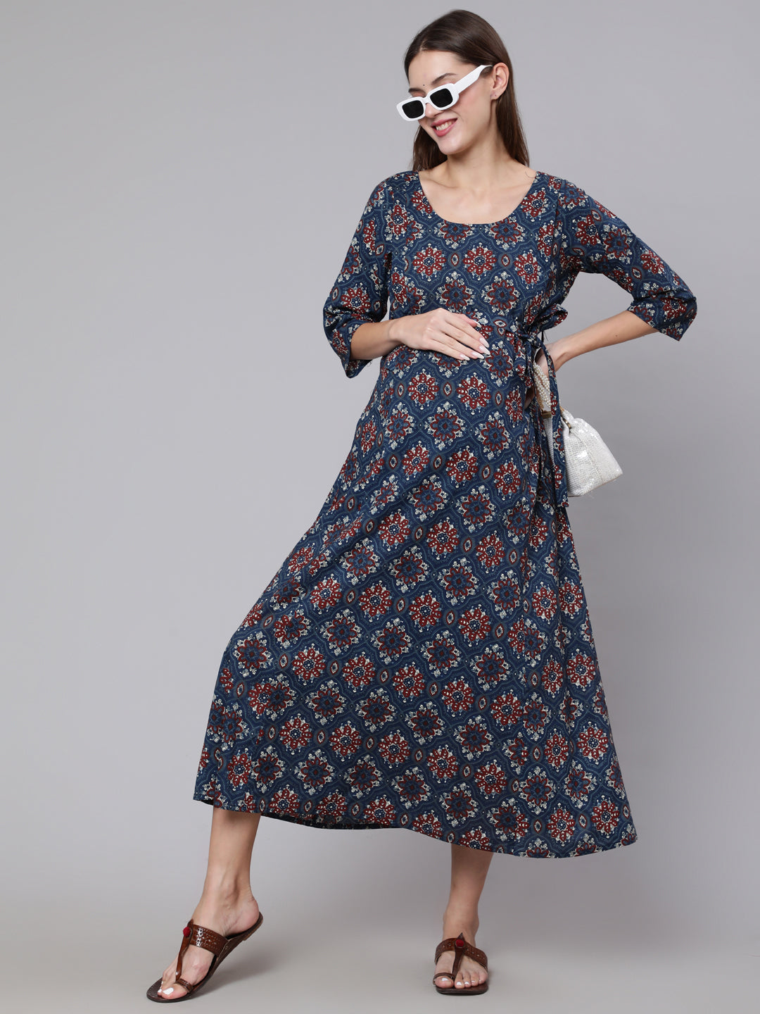 Women Navy Blue Ethinc Printed Flared Maternity Dress | LASVINI - Redefining Indian Fashion with Elegance