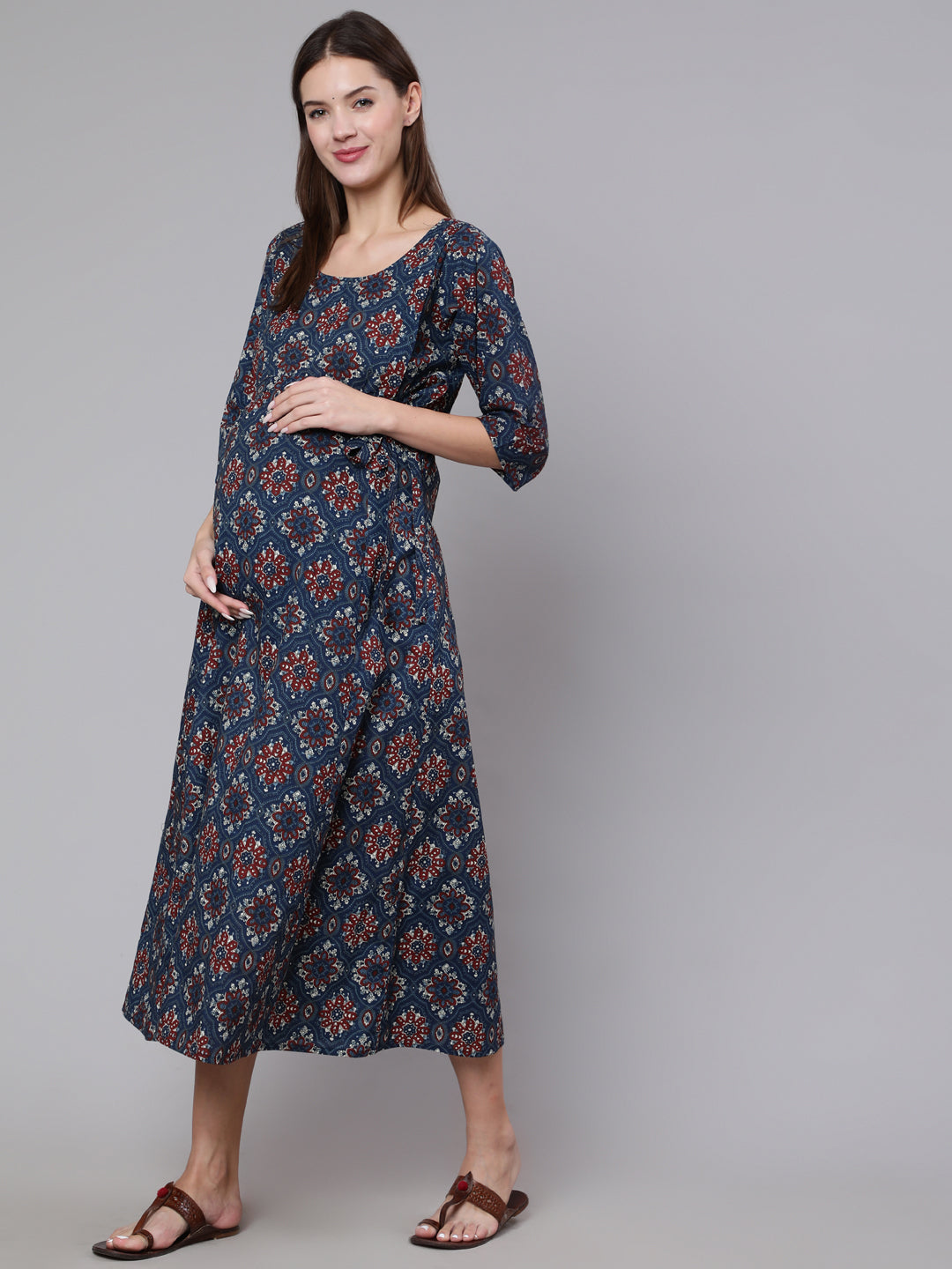 Women Navy Blue Ethinc Printed Flared Maternity Dress | LASVINI - Redefining Indian Fashion with Elegance