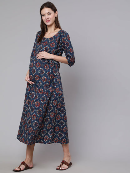 Women Navy Blue Ethinc Printed Flared Maternity Dress | LASVINI - Redefining Indian Fashion with Elegance