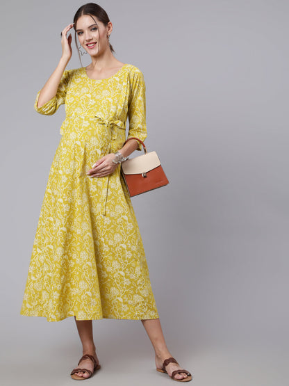 Women Green Ethnic Printrted Maternity Dress With Three Quarter Sleeves | LASVINI - Redefining Indian Fashion with Elegance